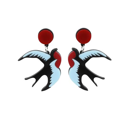 Collectif Rockabilly Swallow Earrings bird earrings in blue black and red retro altfashion pinup acrylic jewellery Canadian Pin-Up Shop Suzie's Bombshell Boutique