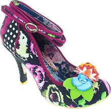 Irregular Choice Day Dreamer Shoes Black Floral Irregular Choice Canada black fabric upper with yellow green and burgundy floral design and leather cut out flowers on toe with weaved black heel retro vintage pinup funky footwear for women Canadian PIn-Up Shop Suzie's Bombshell Boutique Port Dover