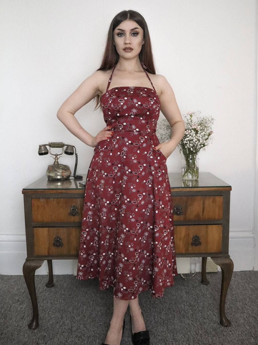 Collectif Sandy Bandana Dress Collectif Canada burgundy paisley bandana print halter dress with full skirt retro vintage 90s 50s pinup swing dress Canadian Pin-Up Shop Suzie's Bombshell Boutique