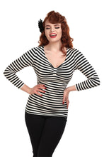 Collectif Saskia Striped Top long sleeved tee shirt blouse with black and white stripes and plunging neckline retro vintage 50s pinup shirt Canadian Pin-Up Shop Suzie's Bombshell Boutique