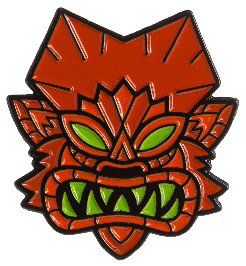 Sourpuss Tiki Wolfman Enamel Pin Sourpuss Canada metal brooch of tiki god in orange and green spooky goth rockabilly rock and roll punk jewellery pinup fashion Canadian Pin-Up Shop Suzie's Bombshell Boutique Port dover