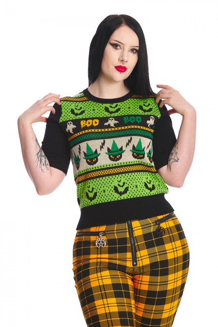Banned Apparel Spooky Boo Sweater short sleeved jumper with halloween witch cats and ghotsts knitwear alt fashion goth pinup top Suzie's Bombshell Boutique