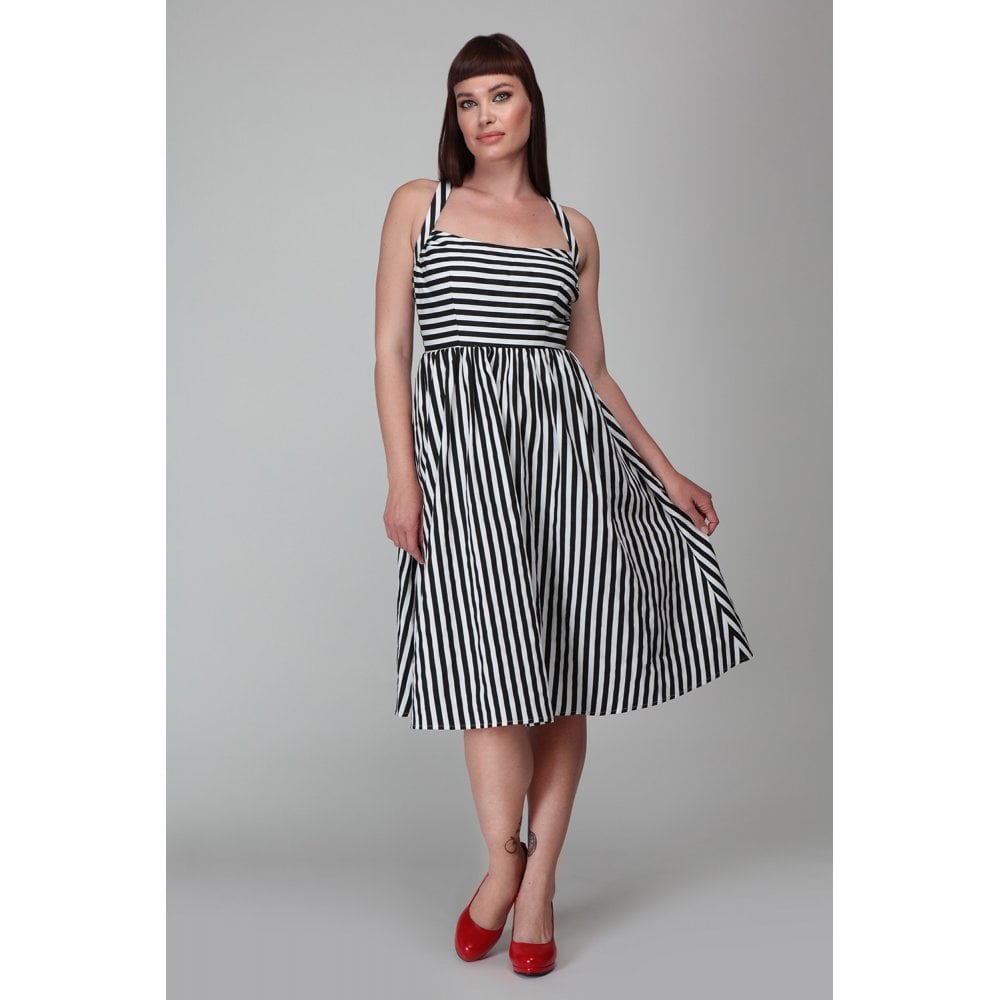 Collectif Titta Swing Dress Collectif Canada black and white striped sundress with pockets retro vintage pinup 50s rockabilly beetlejuice flared dress Canadian PIn-Up Shop Suzie's bombshell Boutique Port Dover