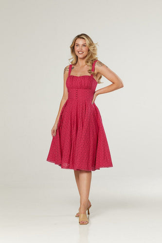 Timeless London Valerie Dress in Cerise Hot Pink broderie anglaise cotton eyelet sundress 40s 50s retro vintage pinup swing dress cotton sundress Suzie's Bombshell Boutique